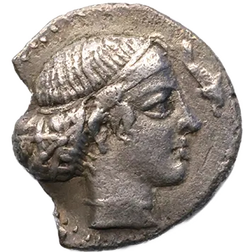 Head of Arethusa right, wearing sphendone, and necklace; dolphin right.