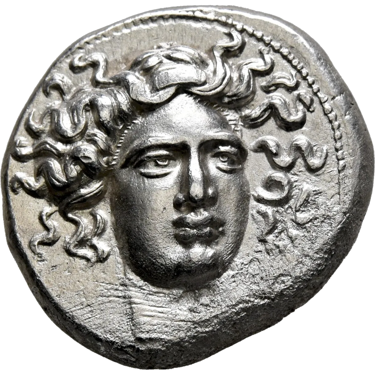 Head of the nymph Larissa three-quarter facing right, neckline in the form of an open V with central pellet; all within border of dots.
