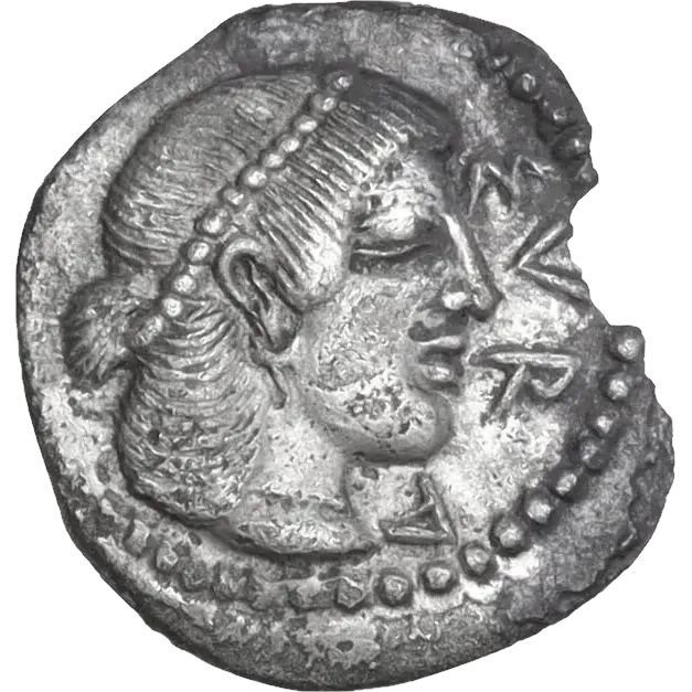 Head of Arethusa right, wearing pendant earring, beaded pearl taenia (headband), and beaded pearl necklace, hair looped up under taenia