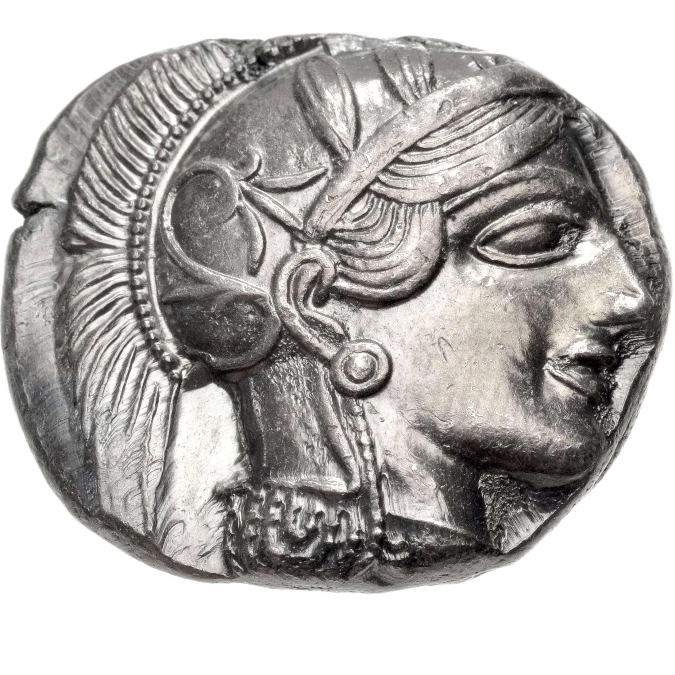 Head of Athena right, wearing crested Attic helmet decorated with three olive leaves and palmette.