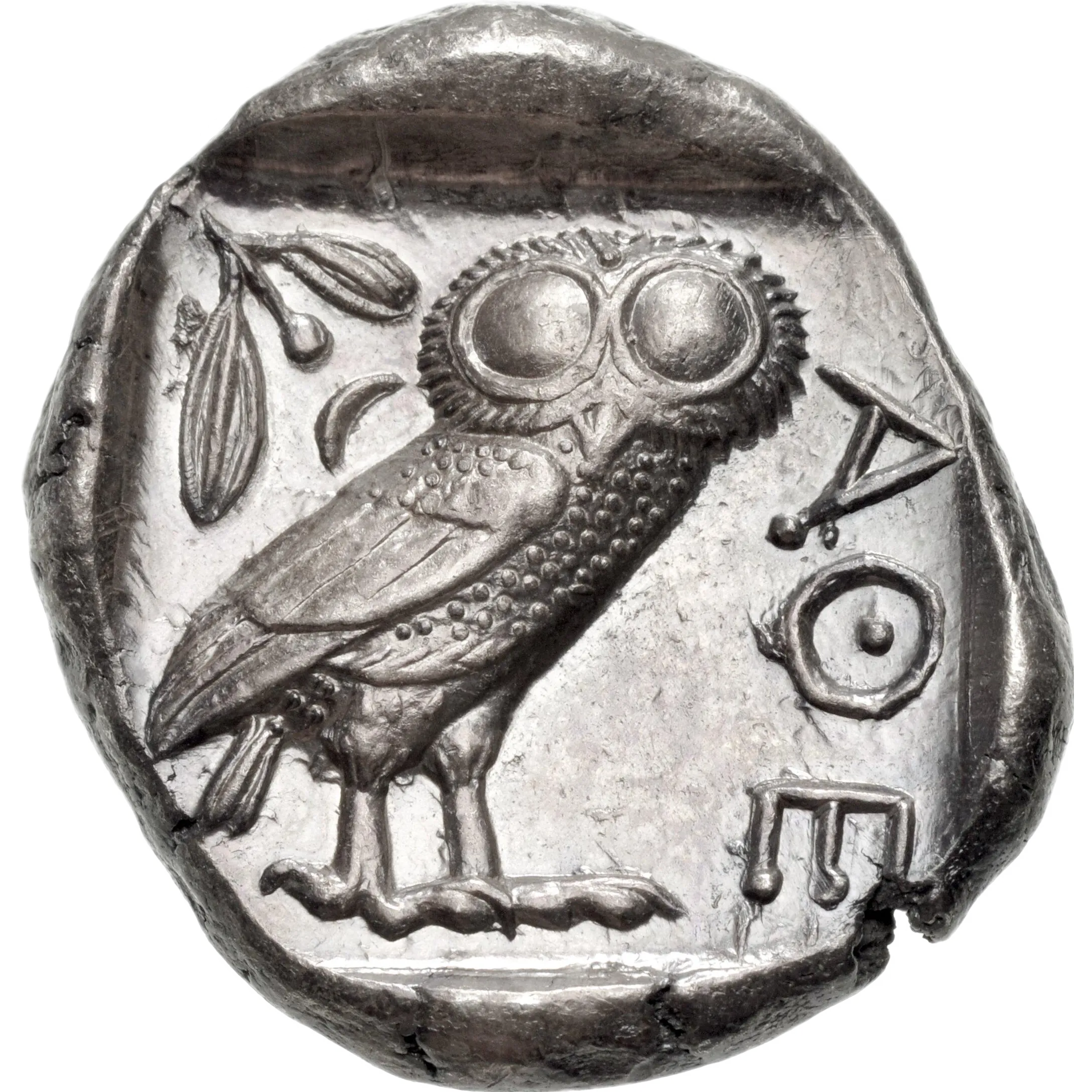 Owl standing right with head facing; closed tail feathers; olive spray and crescent to left; AΘE right; all within incuse square.