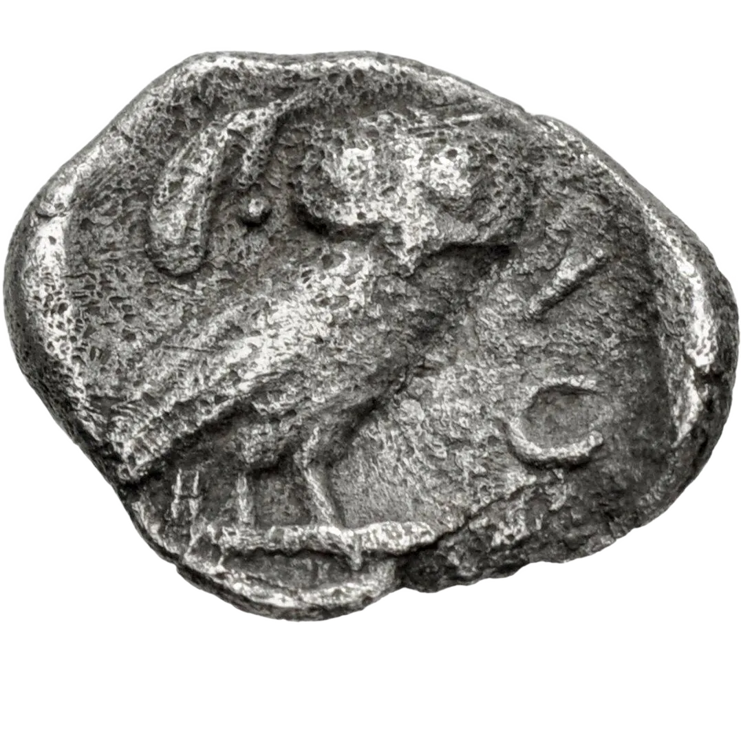 Owl standing right with head facing; closed tail feathers; olive spray and crescent to left; AΘE right; all within incuse square.