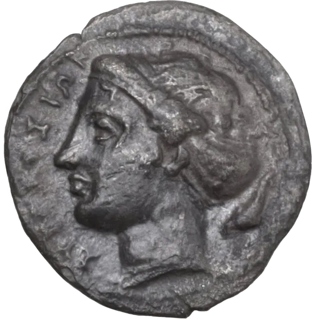 ΣΥΡΑΚΟΣΙΩΝ. Head of Arethusa left, wearing sphendone; behind, dolphin