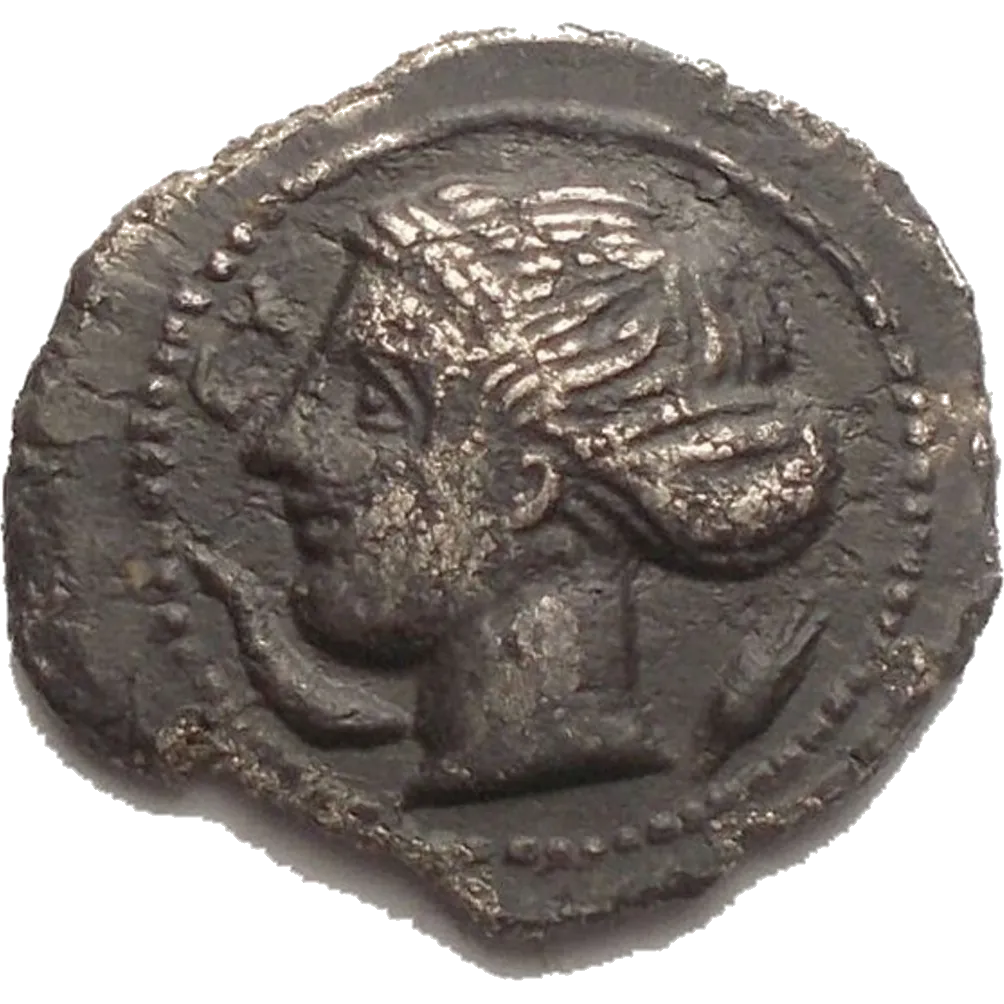 Head of Arethusa, wearing earring, necklace, ampyx and sphendone on which, ΦPI; beneath chin, dolphin and in right field, ear of barley.