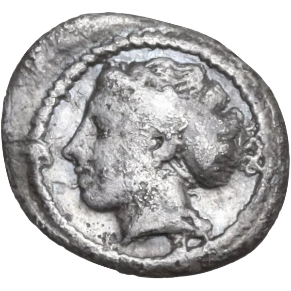 Head of Arethusa left, wearing necklace and hair in sphendone;