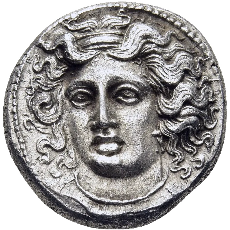 Wreathed head of the nymph Larissa facing, turned slightly to the left, wearing ampyx, simple necklace, and triple-pendant earring.