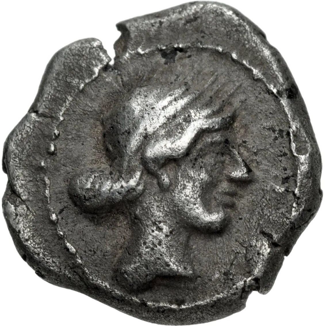 Head of the nymph Larissa to right, her hair bound with a ribbon and tied at the back.