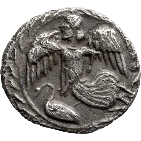 Nike flying towards the left. Below her, a swan standing facing left. All within wreath.