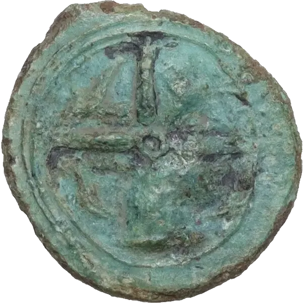 ΣYPA. Wheel of four spokes, with dolphin in lower quarters; undertype: [Head of Arethusa left or right?].