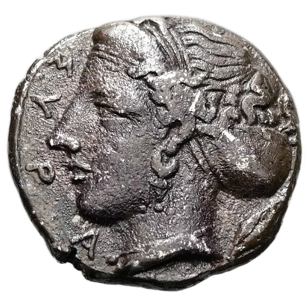 Head of Arethusa left, wearing triple-pendant earring, necklace, ampyx and sphendone; in right field, barley grain.