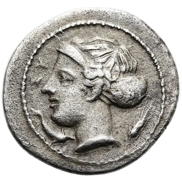 Head of Arethusa left, wearing earring, necklace, ampyx and sphendone on which, ΦPI; beneath chin, dolphin and in right field, ear of barley.
