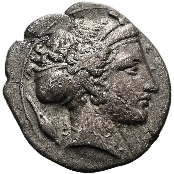 Head of Arethusa right, wearing double loop earring, necklace, ampyx and sphendone; in left field, barley grain.