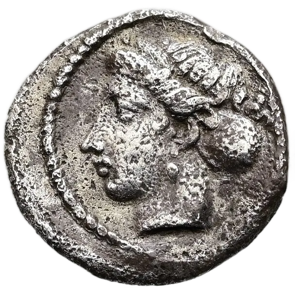 Head of Arethusa left, wearing ampyx and sphendone
