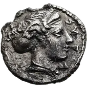 Head of Arethusa right, wearing double loop earring, necklace, ampyx and sphendone; ΣYPA right.