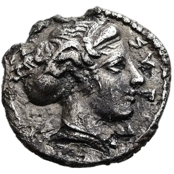 Head of Arethusa right, wearing double loop earring, necklace, ampyx and sphendone; ΣYPA right.