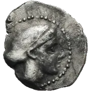 Head of Arethusa to right, wearing a sakkos and a necklace.