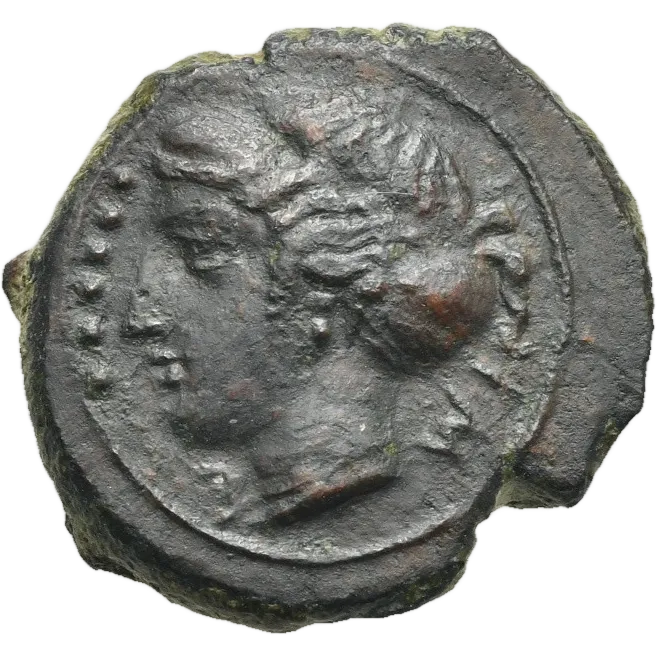 Head of nymph left, wearing ampyx, sphendone, earring and a simple necklace; in field to left, six pellets (mark of value)