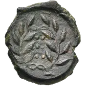 Six pellets in two rows (mark of value), all within a laurel wreath with ties