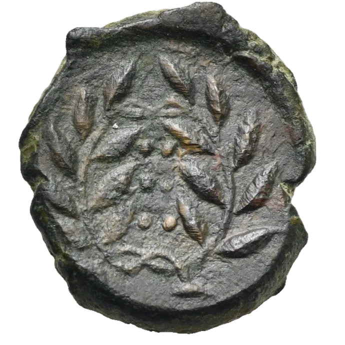 Six pellets in two rows (mark of value), all within a laurel wreath with ties