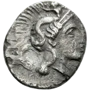 Head of Athena right, wearing crested Attic helmet decorated with Scylla throwing a stone