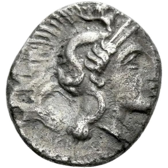 Head of Athena right, wearing crested Attic helmet decorated with Scylla throwing a stone