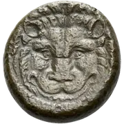 Facing lion mask with pointed ears