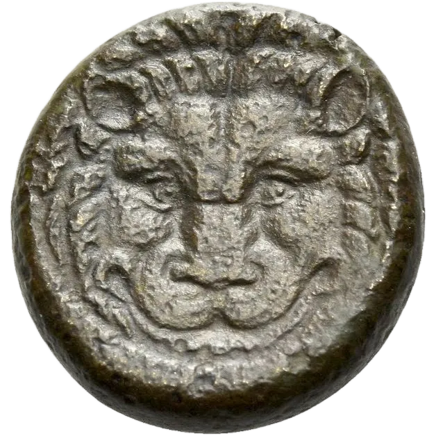 Facing lion mask with pointed ears