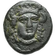 Head of Athena slightly facing right, wearing triple-crested helmet
