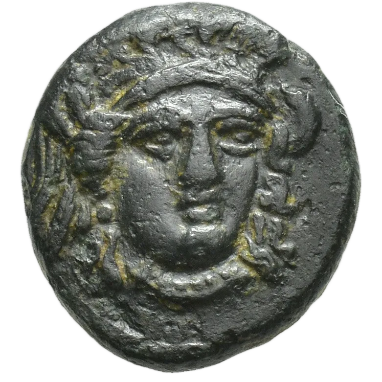 Head of Athena slightly facing right, wearing triple-crested helmet