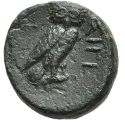 Owl standing right with a crescent to the left; ΣΙΓΕ