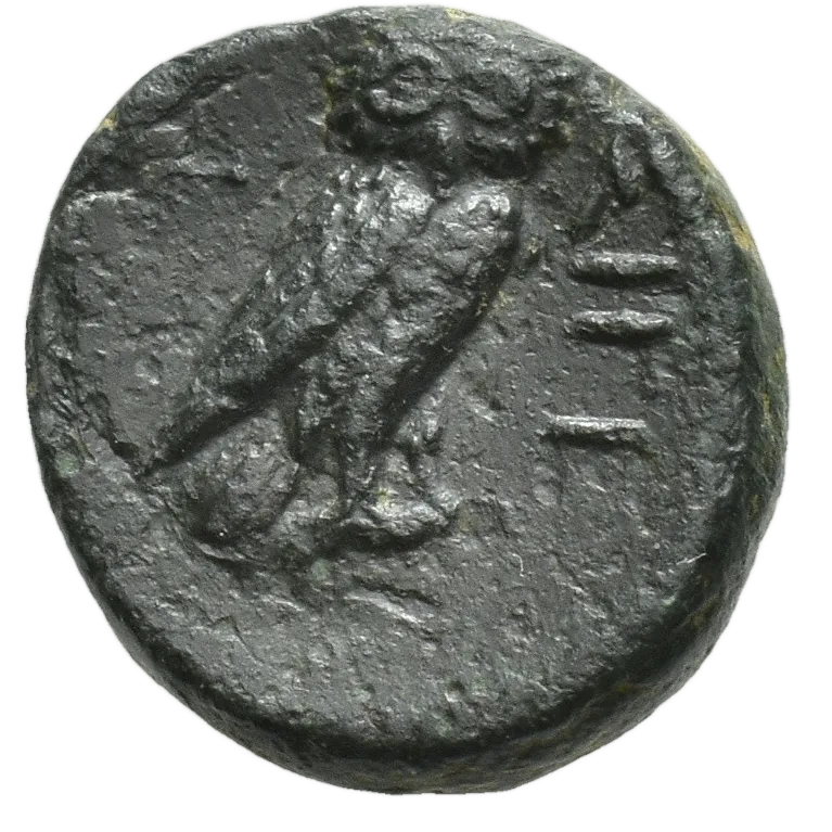 Owl standing right with a crescent to the left; ΣΙΓΕ