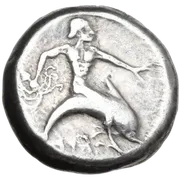 TAPAΣ. Taras astride dolphin to right, holding octopus in his right hand and extending left.
