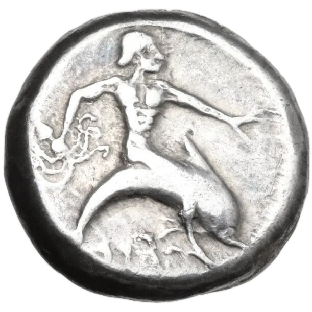 TAPAΣ. Taras astride dolphin to right, holding octopus in his right hand and extending left.