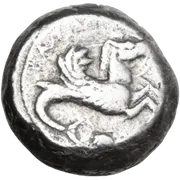 TAPAΣ. Hippocamp swimming to right, scallop shell below, incuse radiating border around.