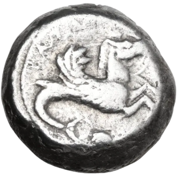 TAPAΣ. Hippocamp swimming to right, scallop shell below, incuse radiating border around.