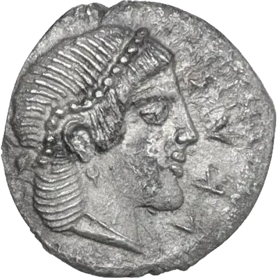 Head of Arethusa right, wearing pendant earring, beaded pearl taenia (headband), and beaded pearl necklace, hair looped up under taenia