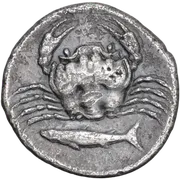 Crab; below, fish left; all within shallow circular incuse.