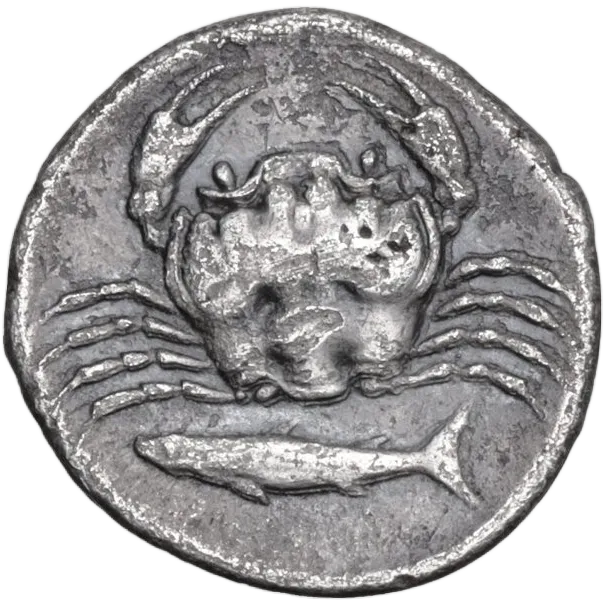 Crab; below, fish left; all within shallow circular incuse.