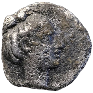 Head of Arethusa to right, with her hair tied up in a knot, wearing circular earring