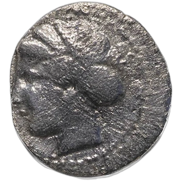 Head of nymph left, wearing ampyx and sphendone
