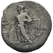 Female figure standing left, sacrificing from phiale over altar and holding filleted temple key