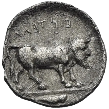 Man-headed bull standing right; fish right in exergue; above ΕΝΤΕΛΛΑ retrograde