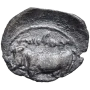 Man-headed bull standing left, head facing