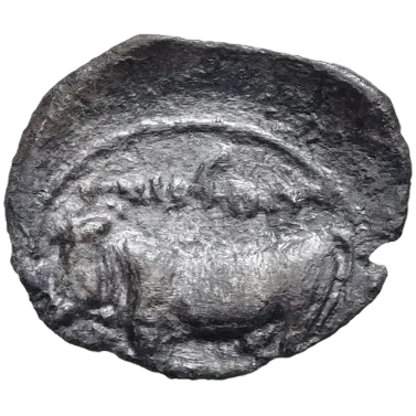 Man-headed bull standing left, head facing