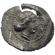 Head of Arethusa right, wearing a sphendone; ΣYPA