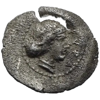 Head of Arethusa right, wearing a sphendone; ΣYPA