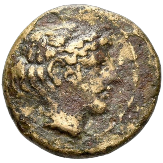 Head of Arethusa right, wearing ampyx and sphendone; four Xs around; within circular line border.