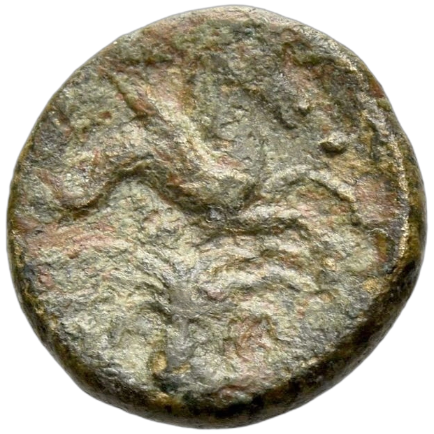 Hippocamp right; octopus upside-down below; three pellets around