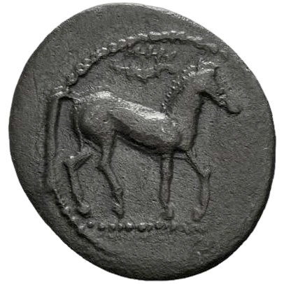 Horse advancing right; wreath above; within beaded border