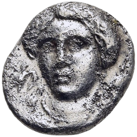 Draped bust of Aphrodite Kastnia facing slightly left; to left, dove flying upward; to right, Eros flying upward, crowning her